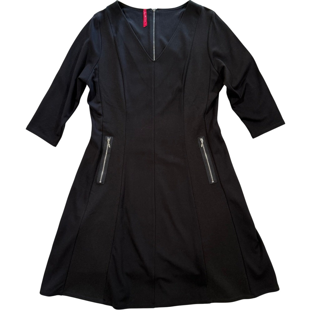 Ruby Ribbon Black V-Neck A-Line Dress XL 3/4 Sleeve Exposed Zipper Detail W70